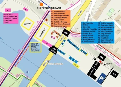Mapka festivalového prostoru na pravém břehu řeky